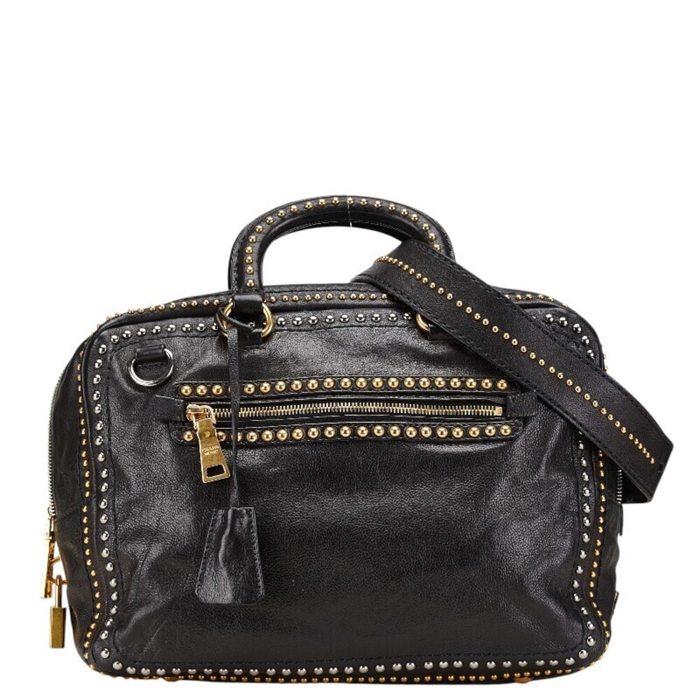 Prada triangular logo plaque studded handbag shou… - image 1